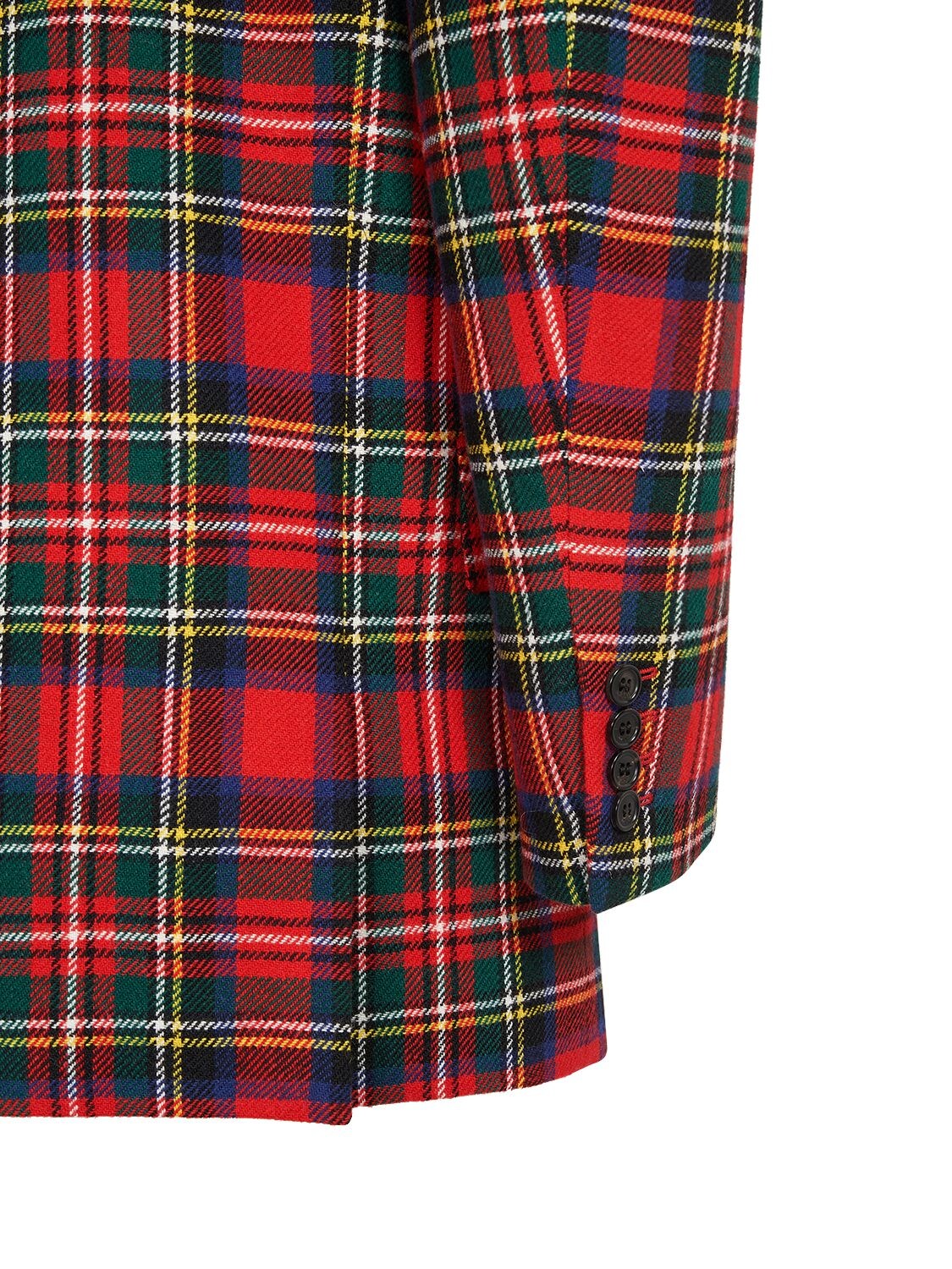 Shop Saint Laurent Double Breasted Plaid Wool Blend Jacket In Rouge,multi