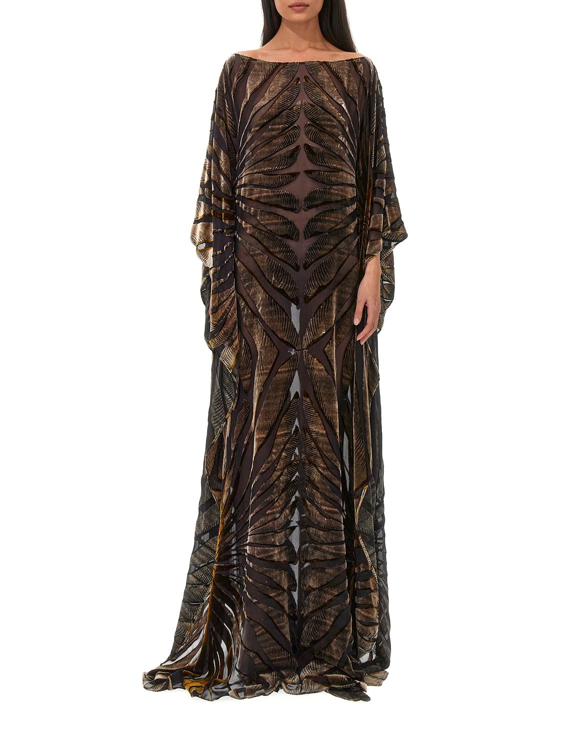 Roberto Cavalli Velvet & Silk Devoré Long Caftan Dress In Brown