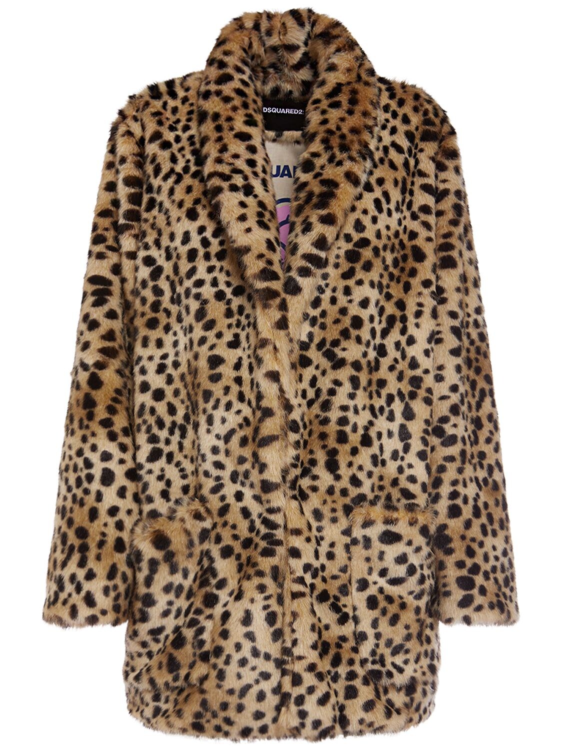 Dsquared2 Leopard Print Faux Fur Midi Coat In Multicolor