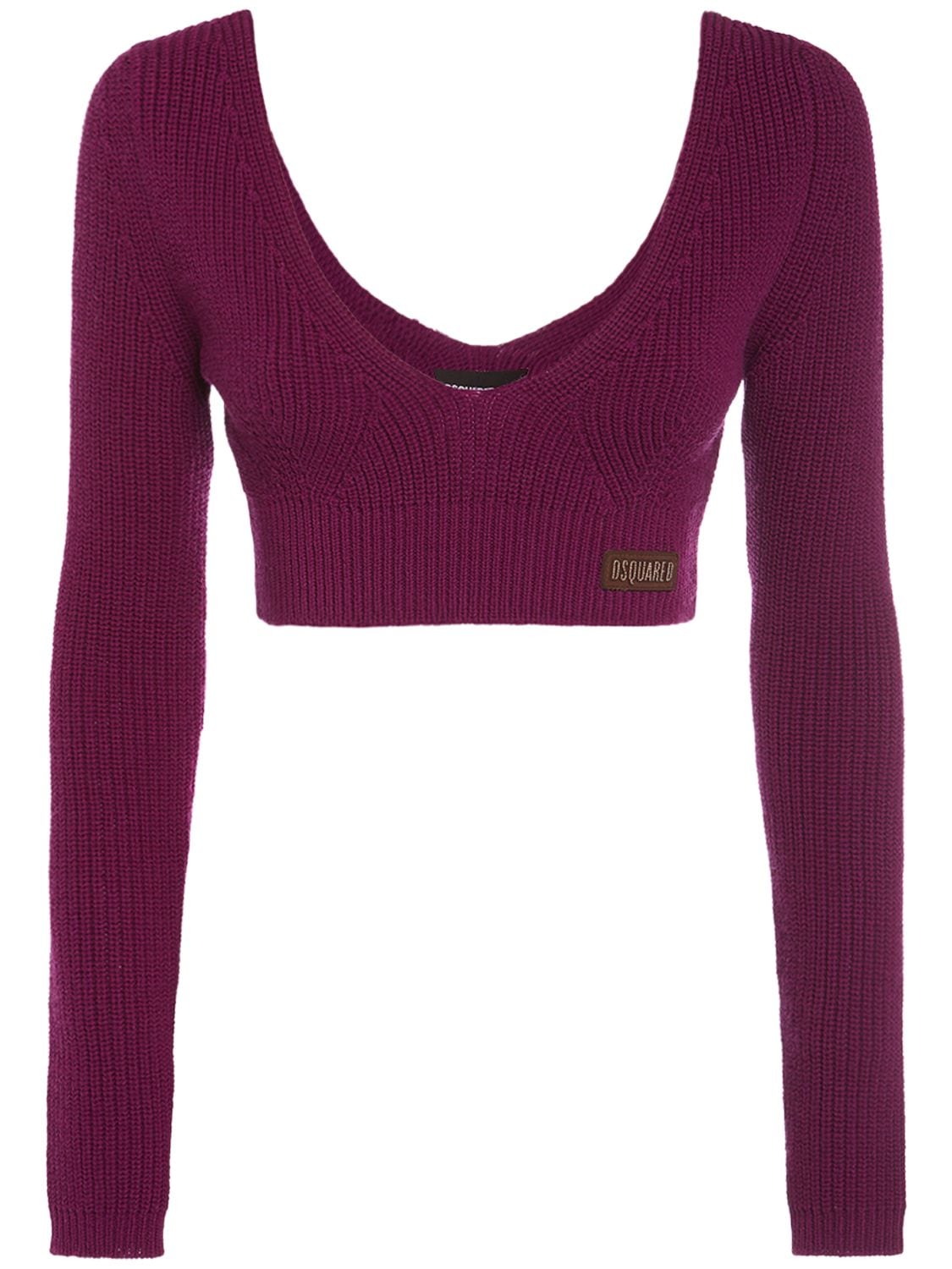 Dsquared2 Ribbed Knit Long Sleeve Crop Top In Purple