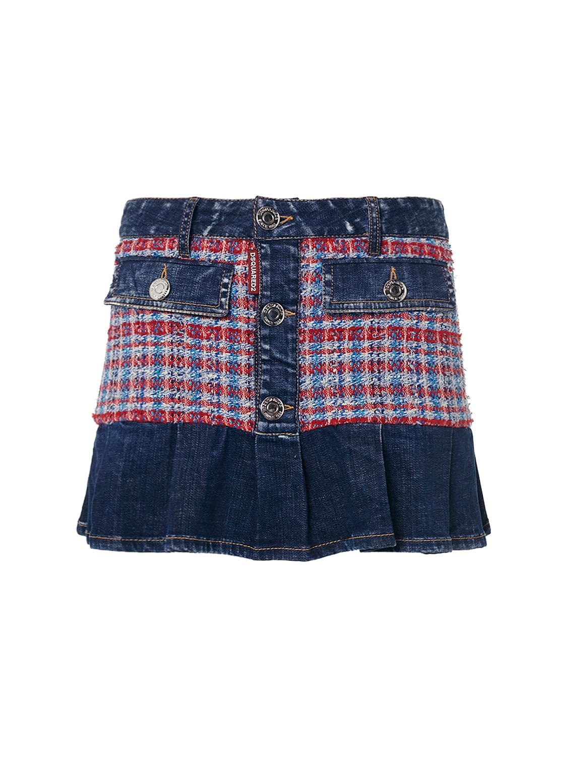 Image of Pleated Bouclé & Denim Mini Skirt