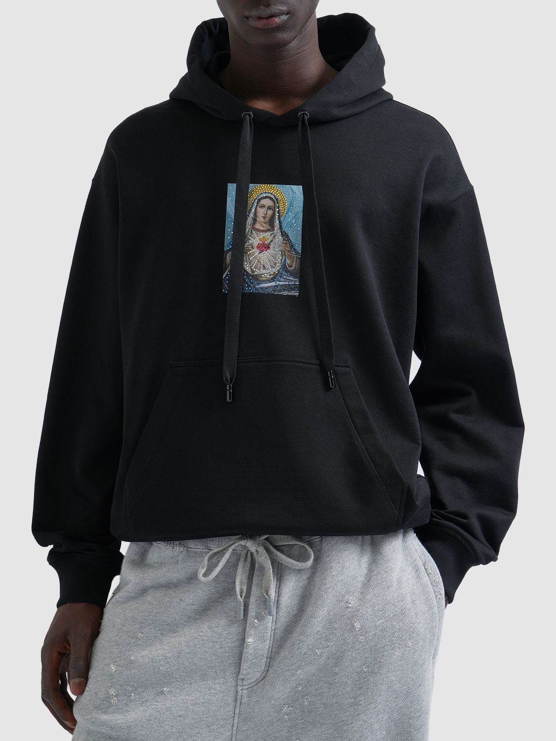 Shop Dolce & Gabbana Cotton Jersey Hoodie W/crystals In Black