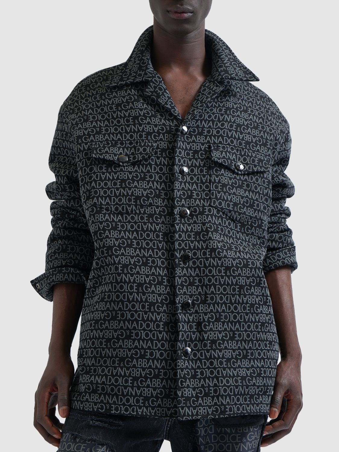 Shop Dolce & Gabbana Logo Jacquard Quilted Overshirt In Grey,black