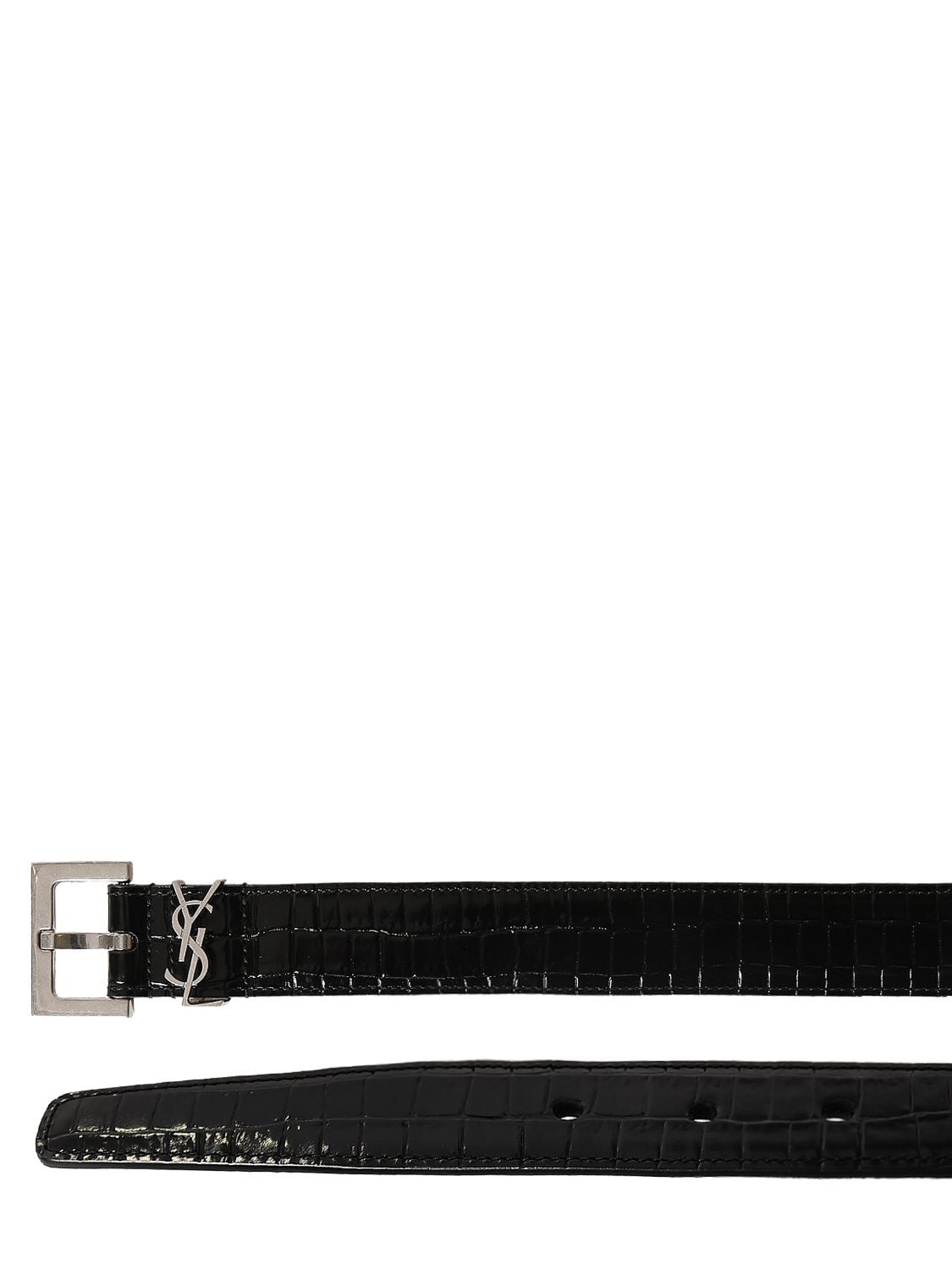 Shop Saint Laurent 3cm Croc Embossed Leather Belt In Black