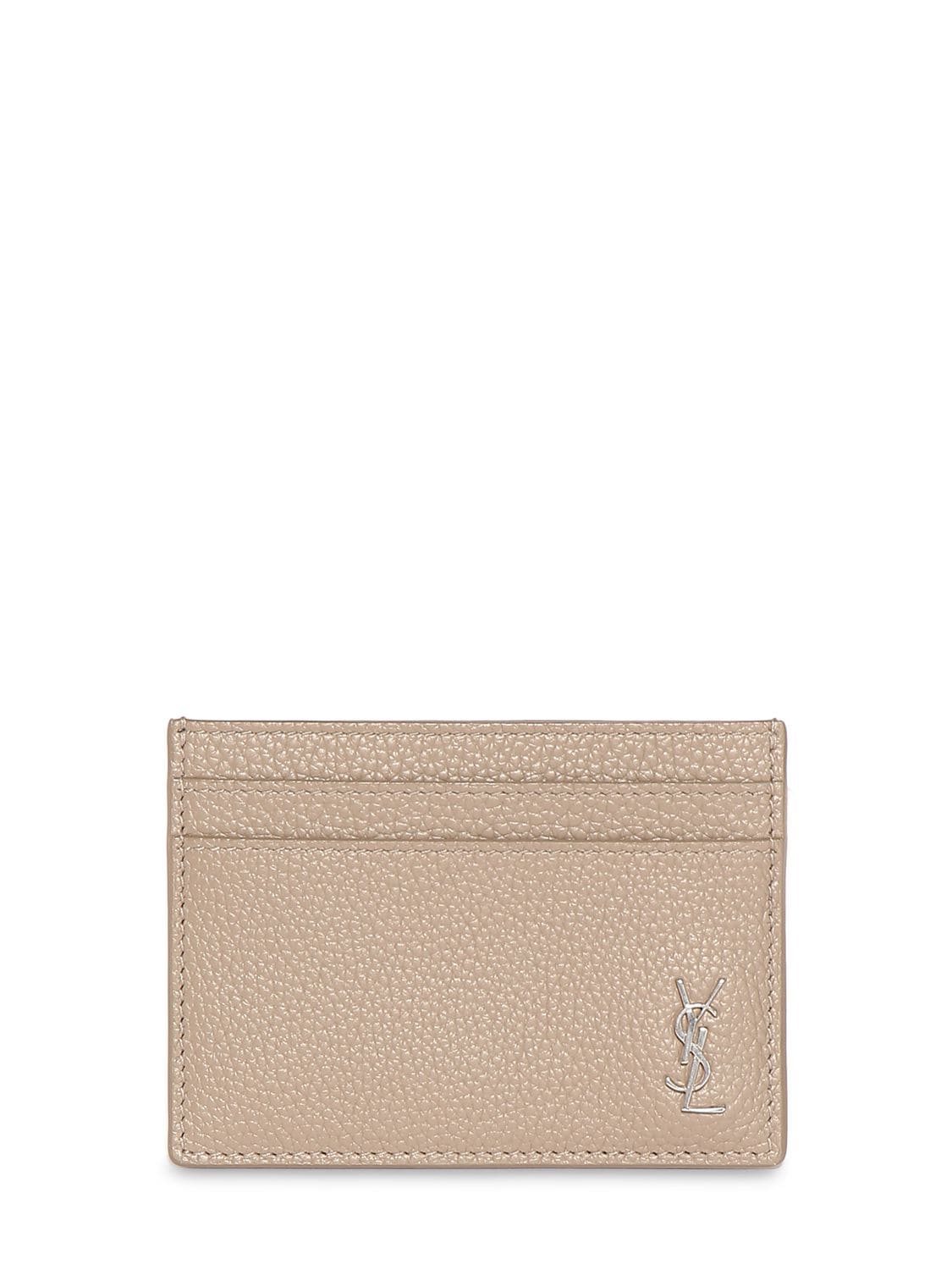 Shop Saint Laurent Tiny Cassandre Leather Card Holder In Beige