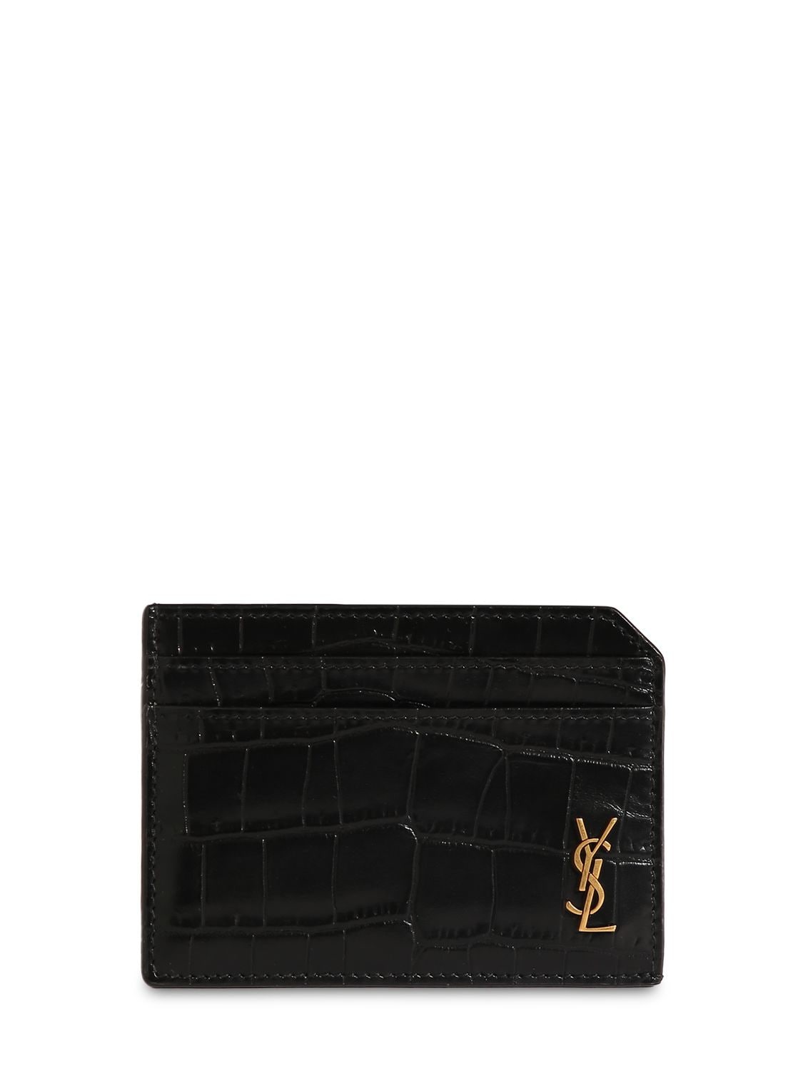 SAINT LAURENT: card holder in crocodile print leather - Black