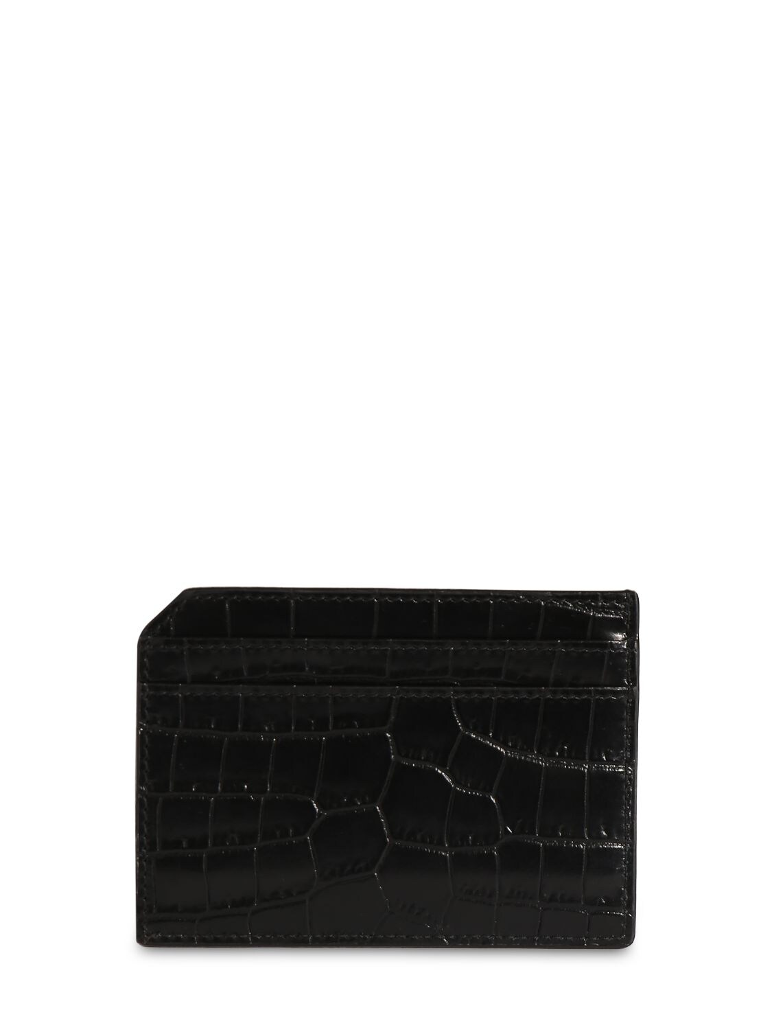 Shop Saint Laurent Tiny Cassandre Croc Embossed Card Case In Black