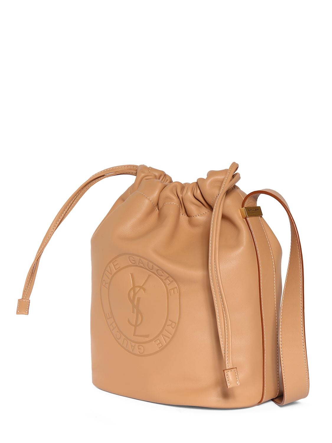Shop Saint Laurent Rive Gauche Laced Leather Bucket Bag In Vintage Brown