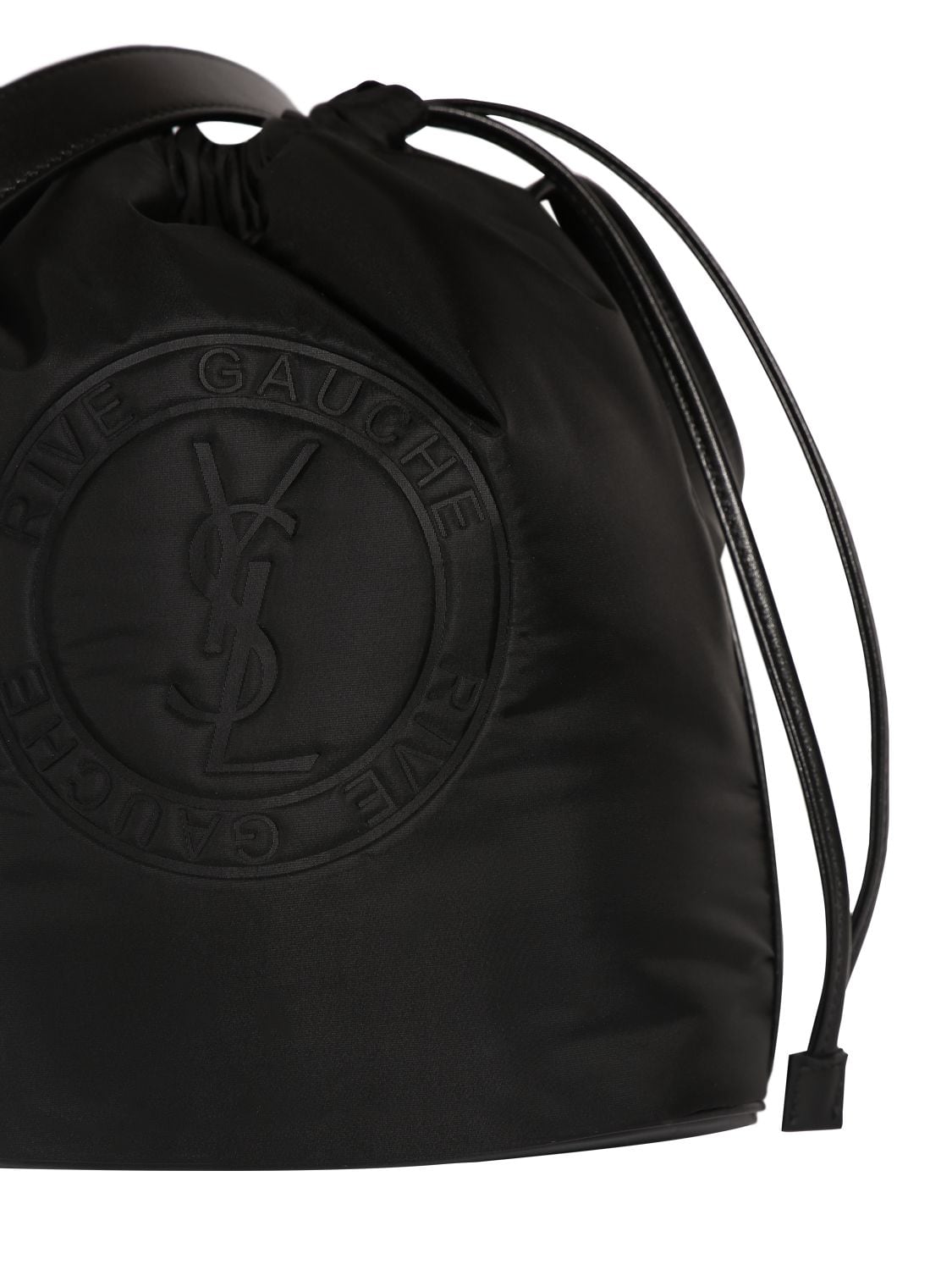 Shop Saint Laurent Rive Gauche Laced Leather Bucket Bag In Black