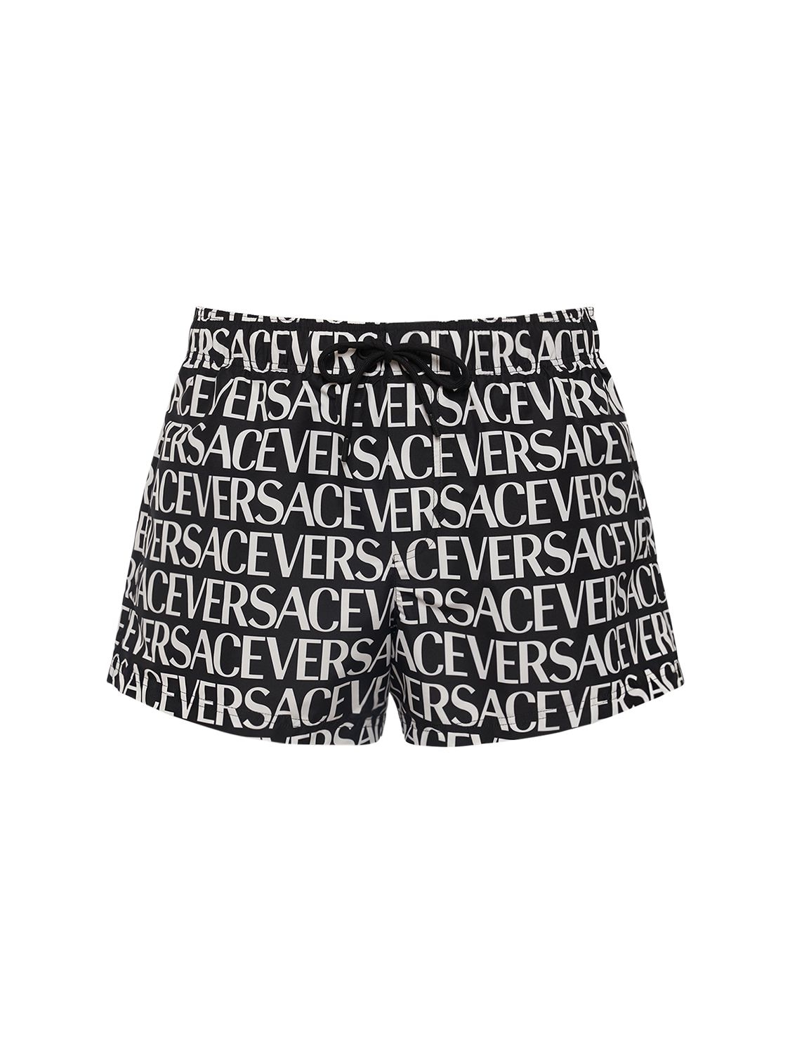 Shop Versace Monogram Printed Nylon Swim Shorts In Black,white