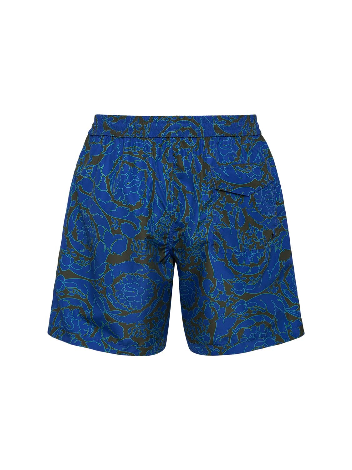 Shop Versace Barocco Printed Nylon Swim Shorts In Khaki,blu