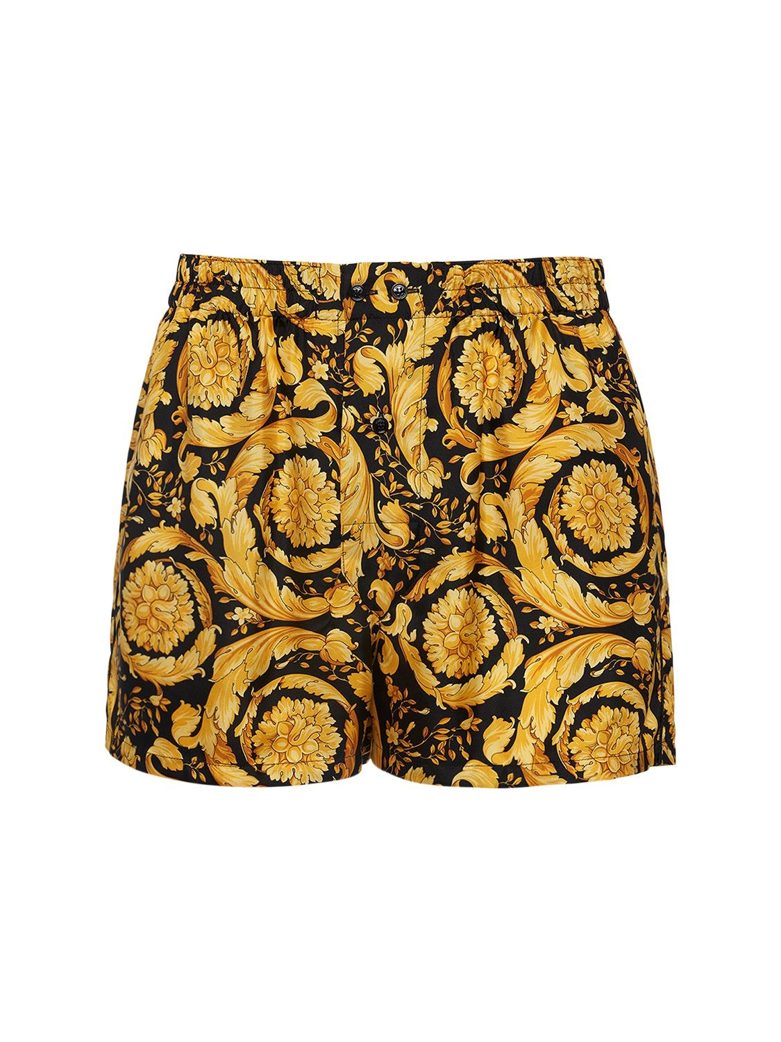 Shop Versace Barocco Print Silk Loungewear Shorts In Black,gold