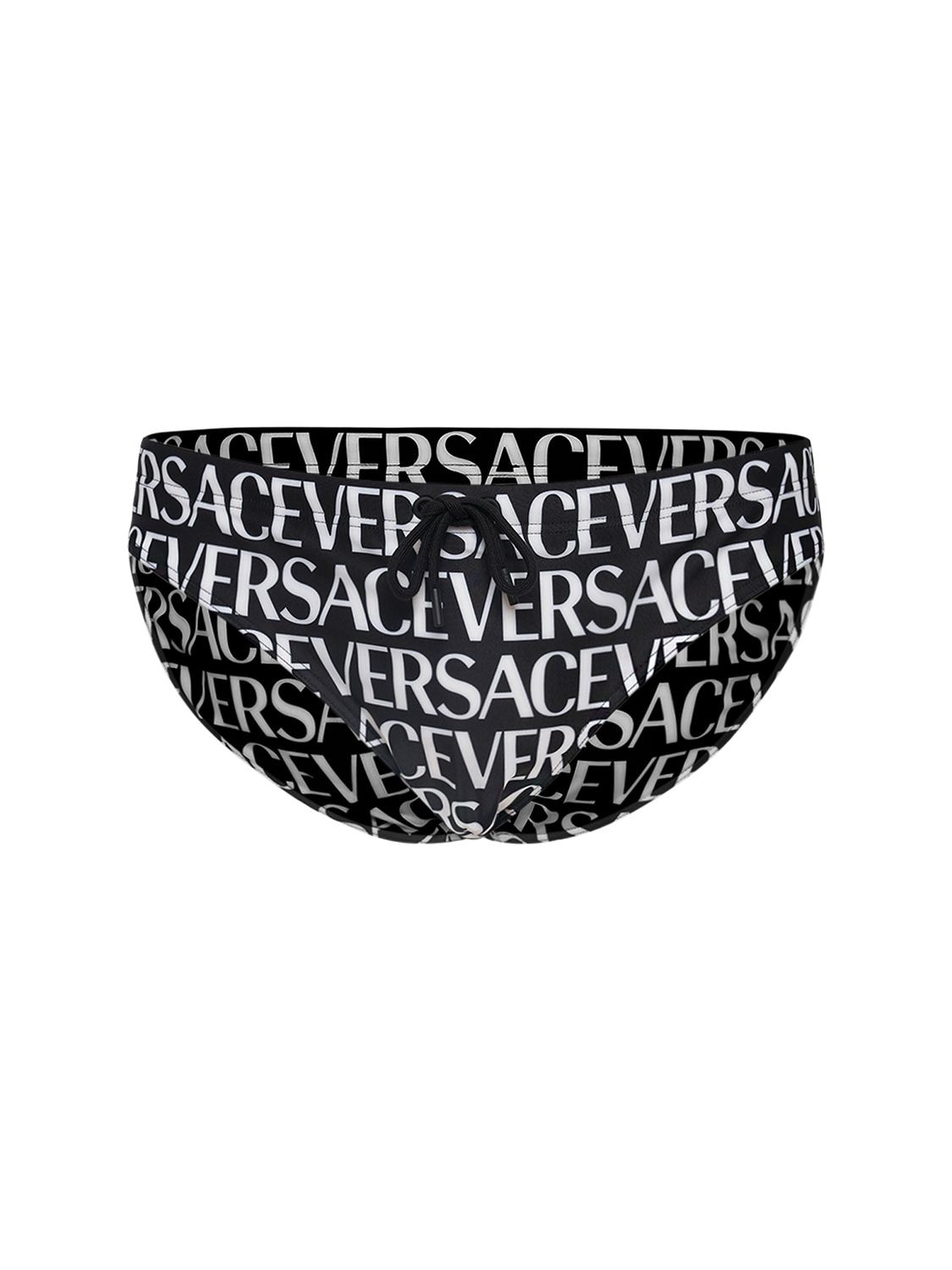 Versace Monogram Printed Swim Briefs In Black,white