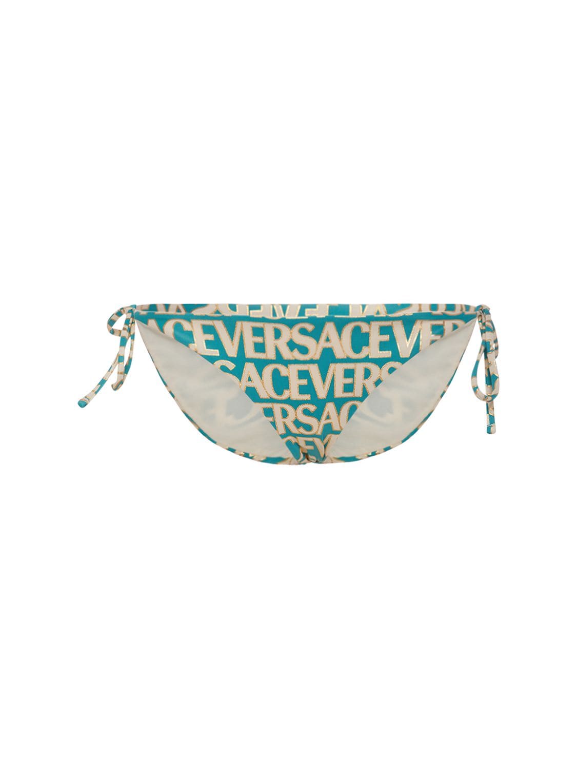 Shop Versace Logo Print Bikini Bottoms In Turquoise,white