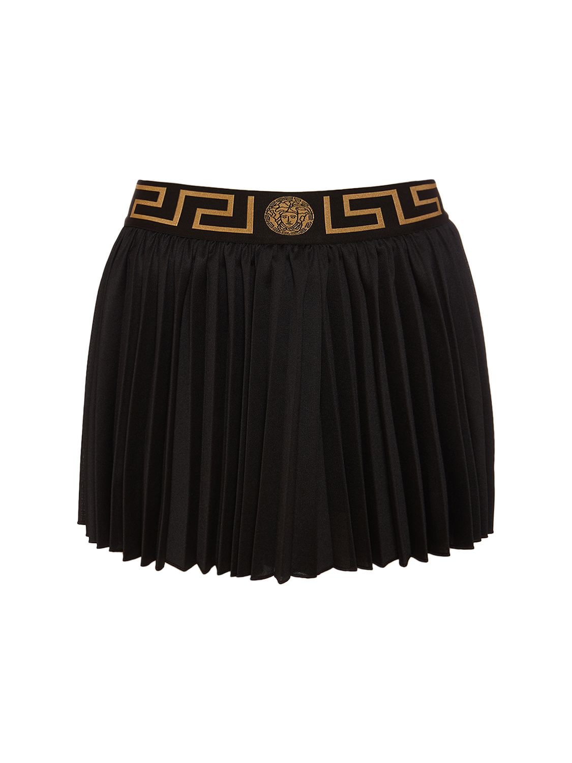 Shop Versace Greca Logo Pleated Jersey Mini Skirt In Black