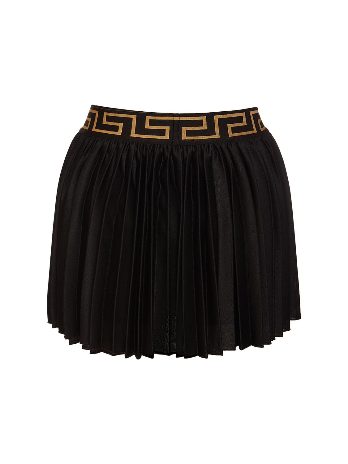 Shop Versace Greca Logo Pleated Jersey Mini Skirt In Black