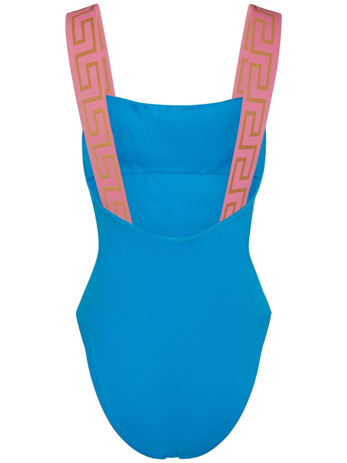 Shop Versace Greca Logo One Piece Swimsuit In Blue,pink