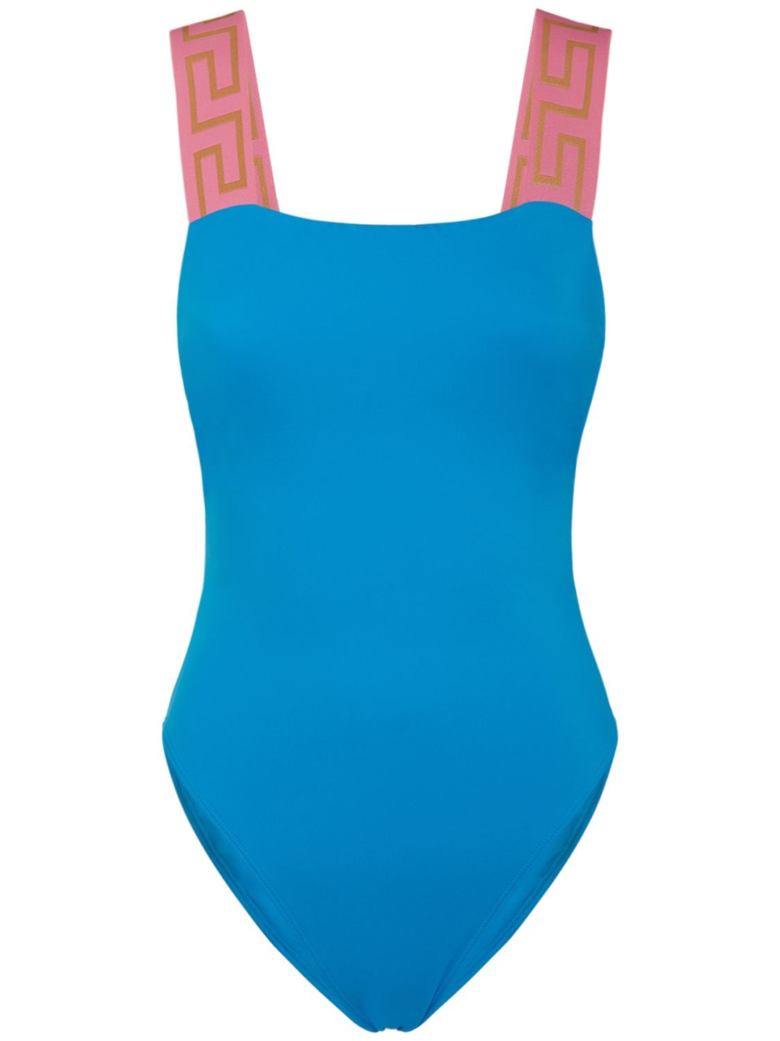 Versace Greca Logo One Piece Swimsuit In Blue,pink