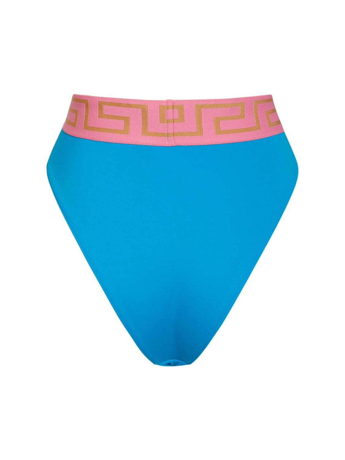 Shop Versace Greca High Rise Bikini Bottoms In Blue,pink