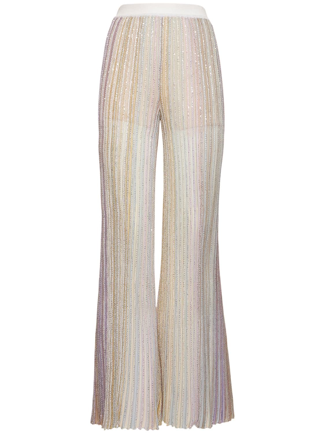 Image of Sequined Striped Knit Flared Pants