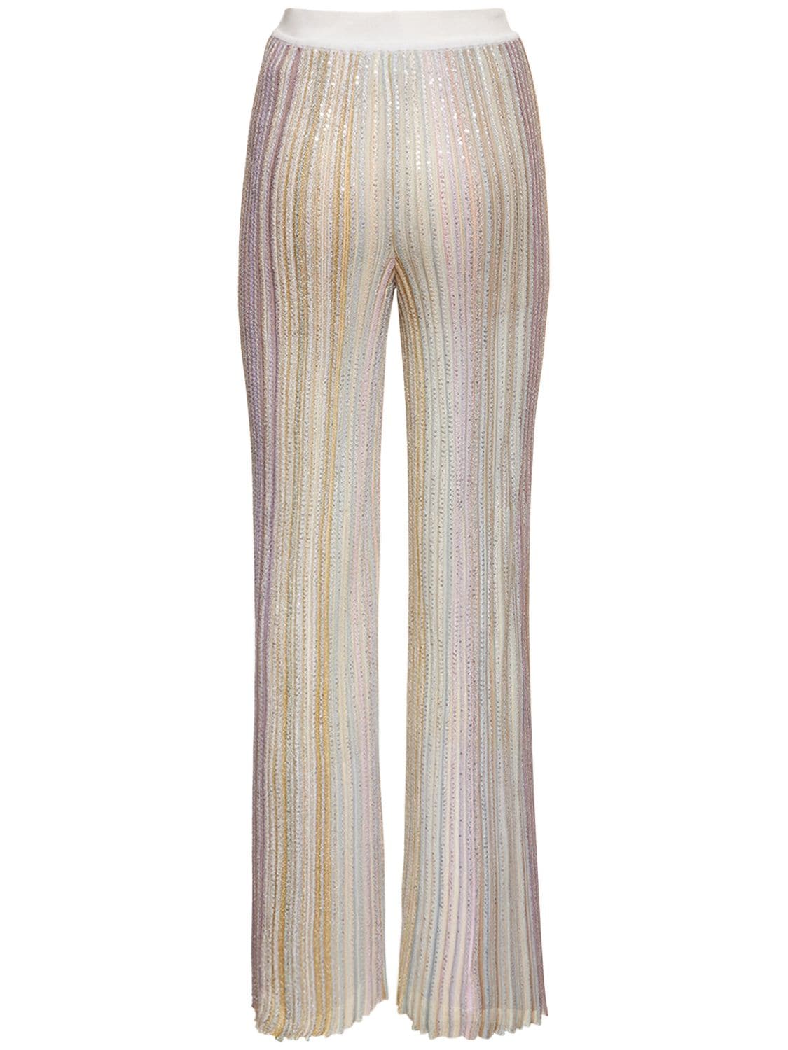 Shop Missoni Sequined Striped Knit Flared Pants In Multi,beige