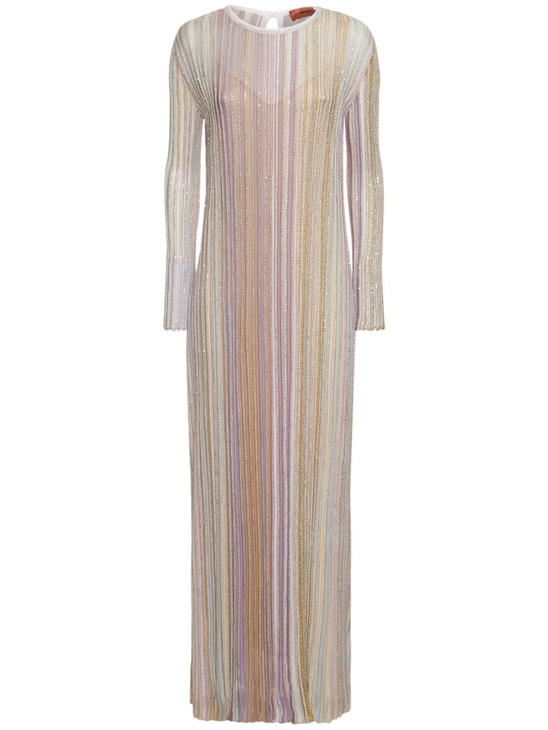 Missoni Sequined Striped Knit Long Dress In Multi,beige