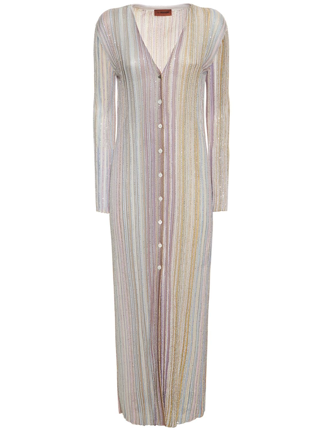 Missoni Sequined Striped Knit Long Cardigan In Beige-lilac-pow