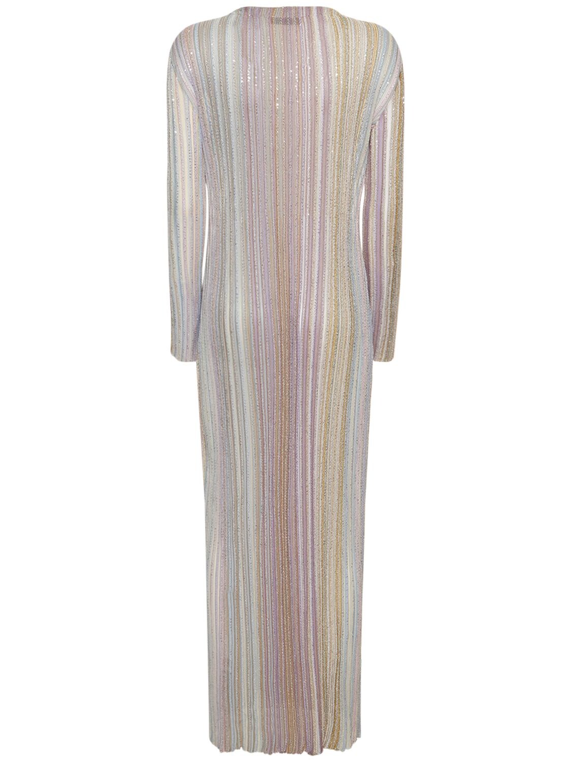 Shop Missoni Sequined Striped Knit Long Cardigan In Beige-lilac-pow