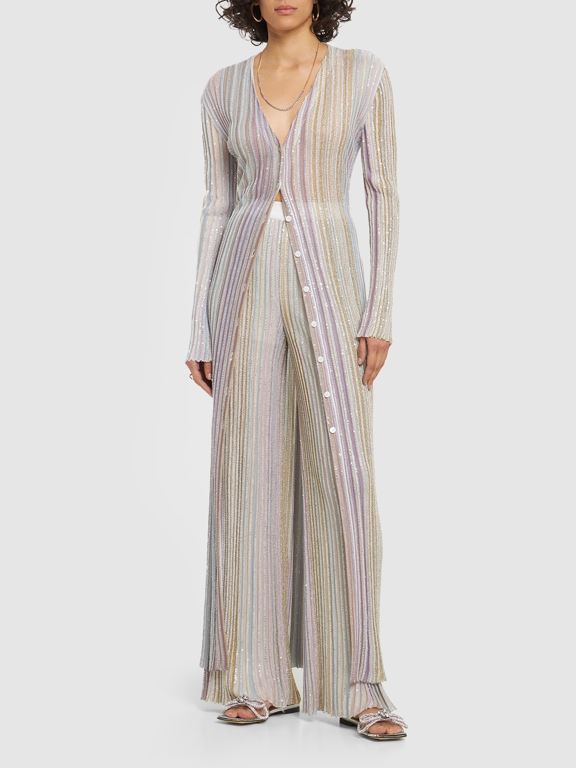 Shop Missoni Sequined Striped Knit Long Cardigan In Beige-lilac-pow
