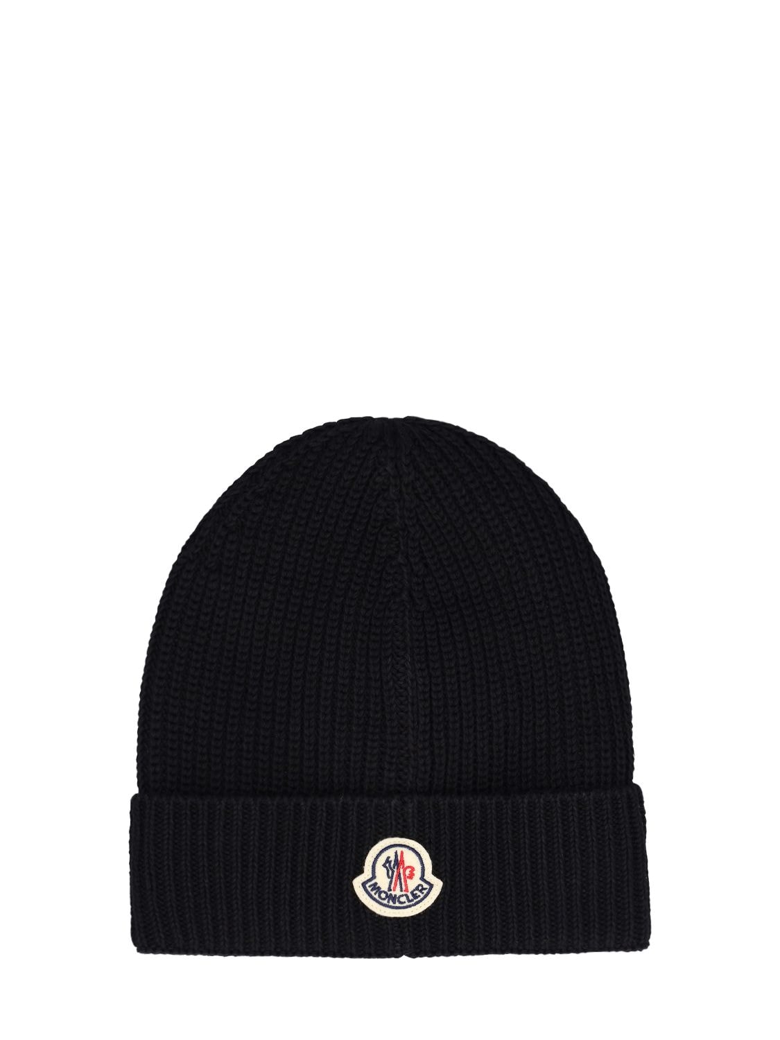Shop Moncler Embroidered Monogram Cotton Beanie In Black