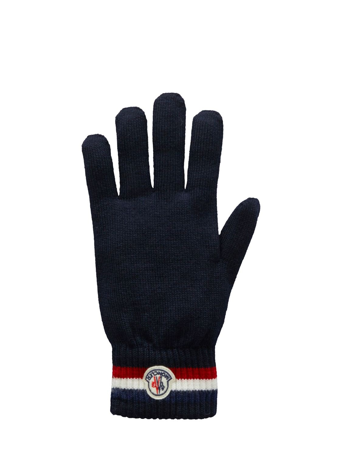 Shop Moncler Extrafine Wool Tricolor Gloves In Midnight Blue