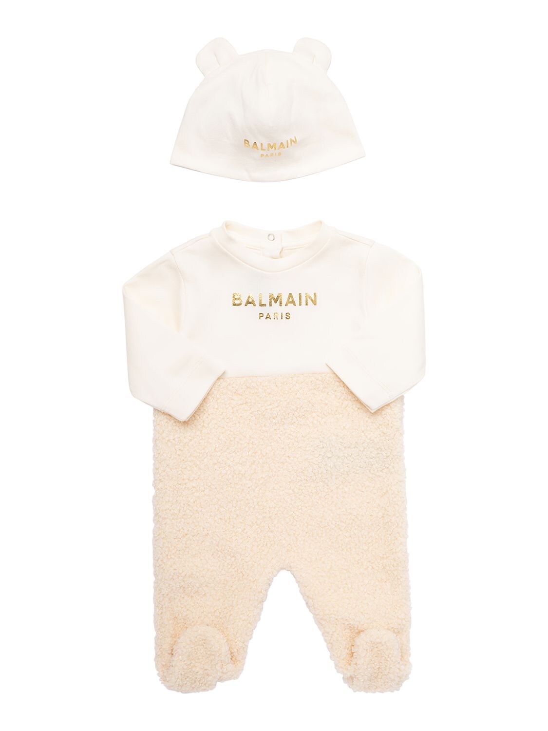 Balmain Babies' 有机棉平纹针织混纺连体衣&帽子 In White,beige