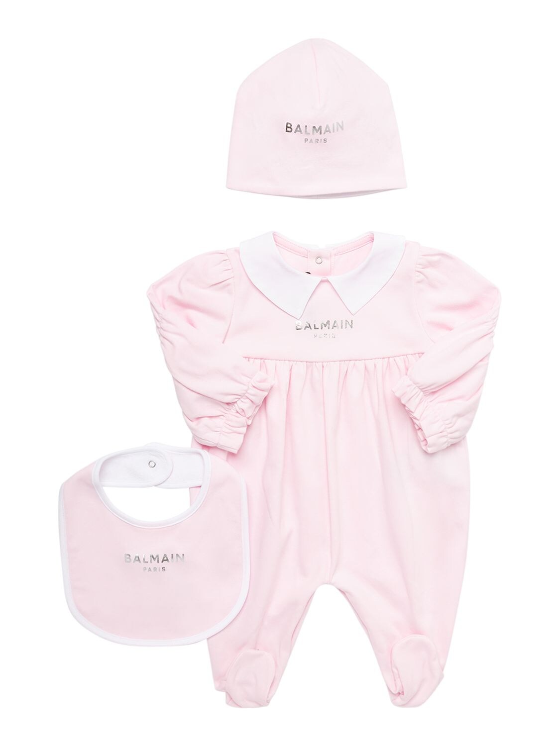 Balmain Babies' Organic Cotton Jersey Romper, Hat & Bib In Pink