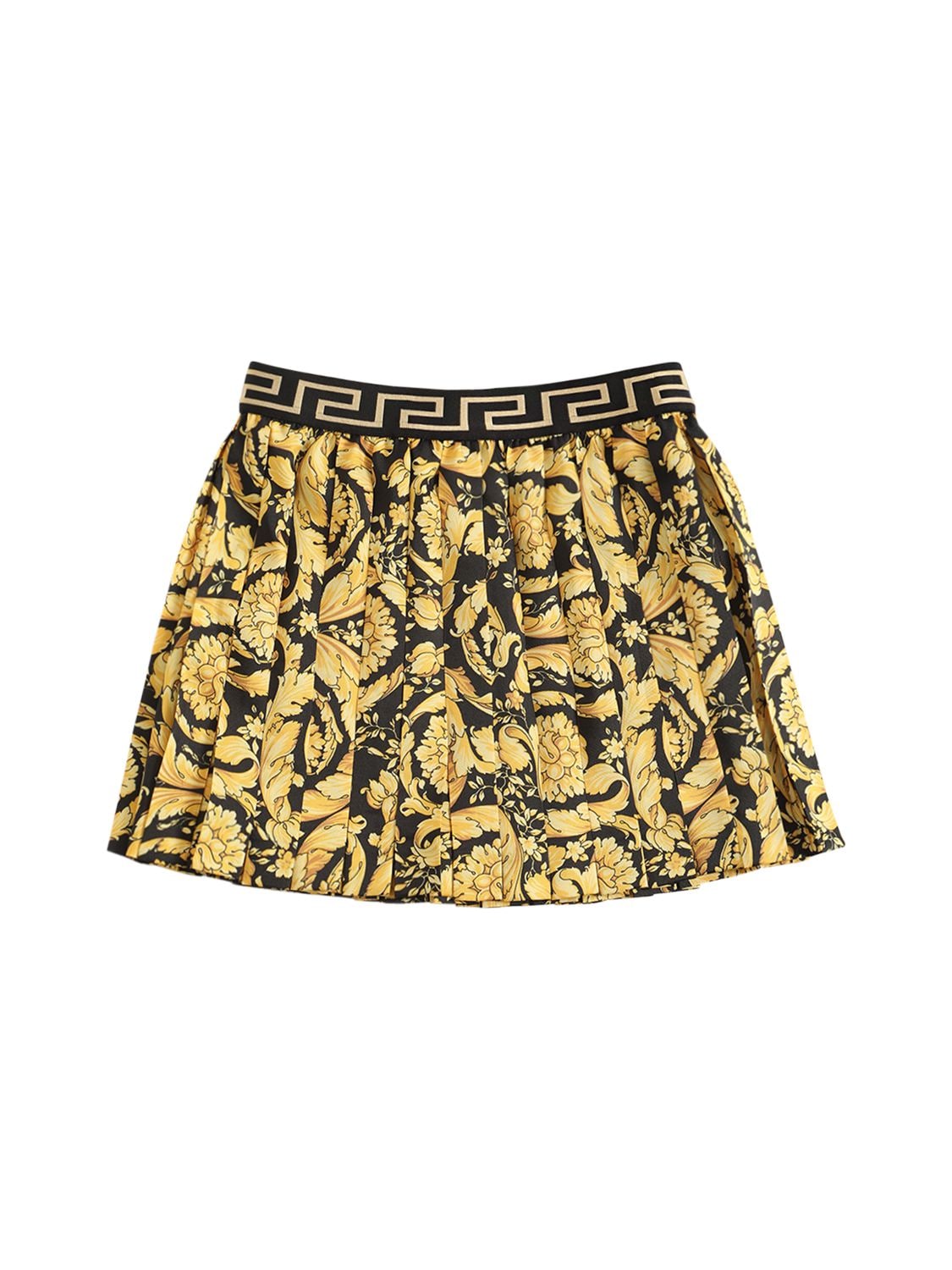 Versace Kids' Barocco Print Pleated Twill Skirt In Black,gold