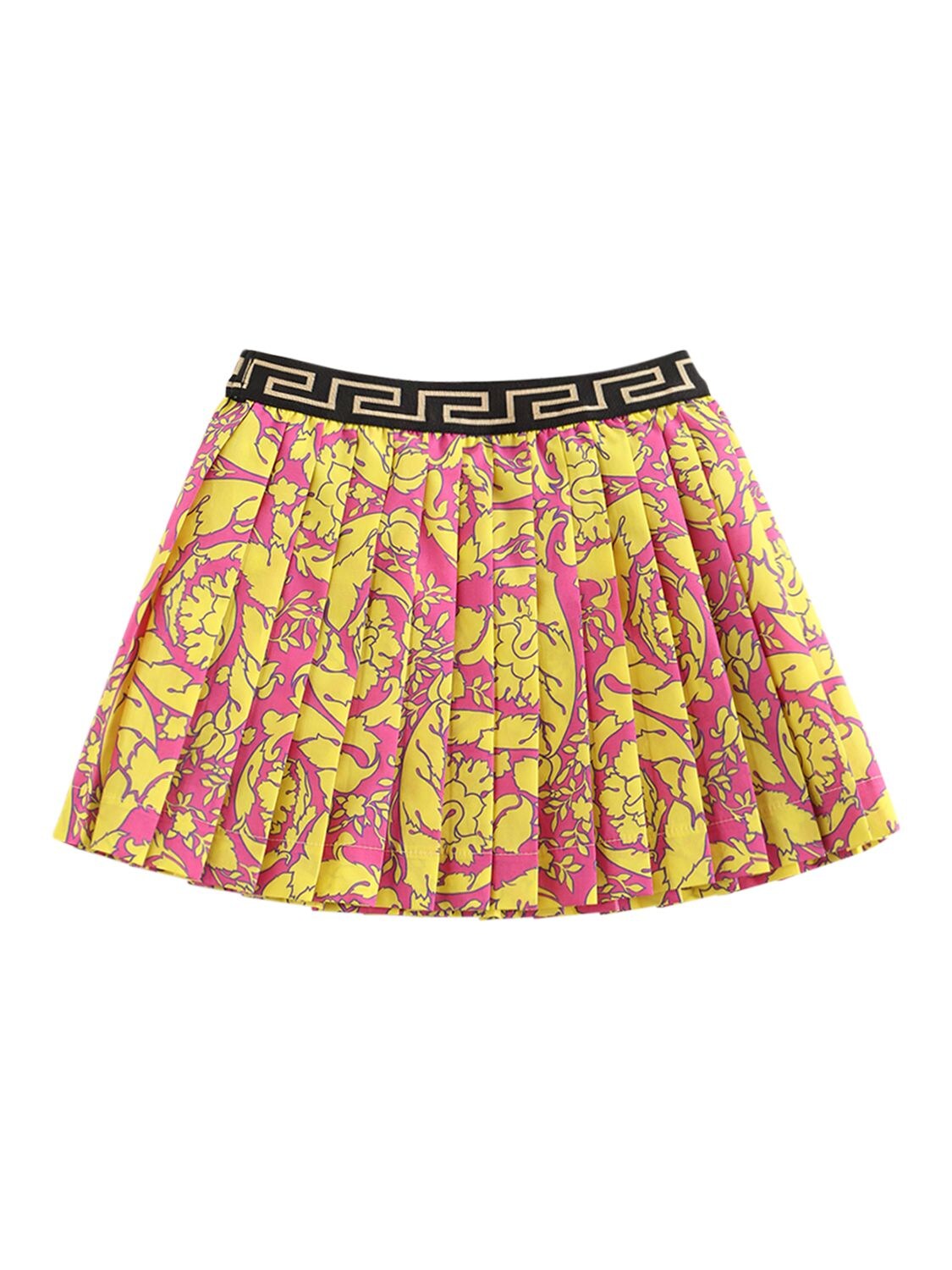 Shop Versace Barocco Print Pleated Twill Mini Skirt In Fuchsia,gold