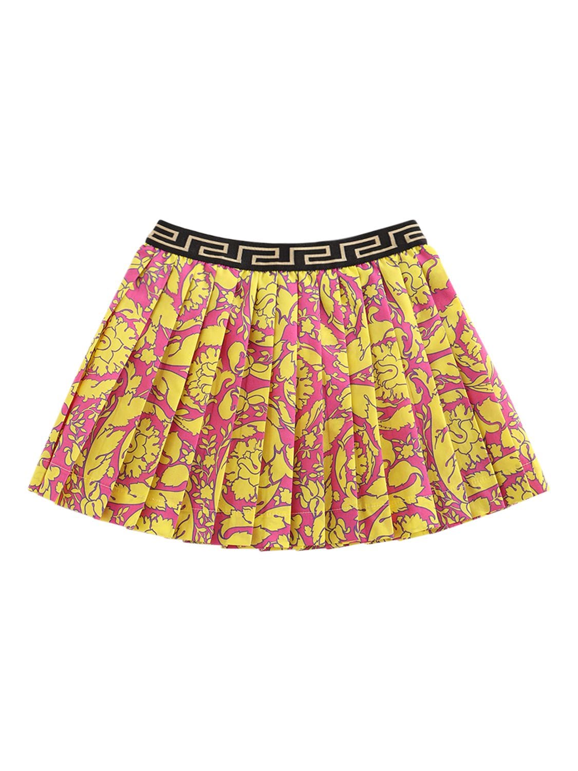 Versace Kids' Barocco Print Pleated Twill Mini Skirt In Fuchsia,gold