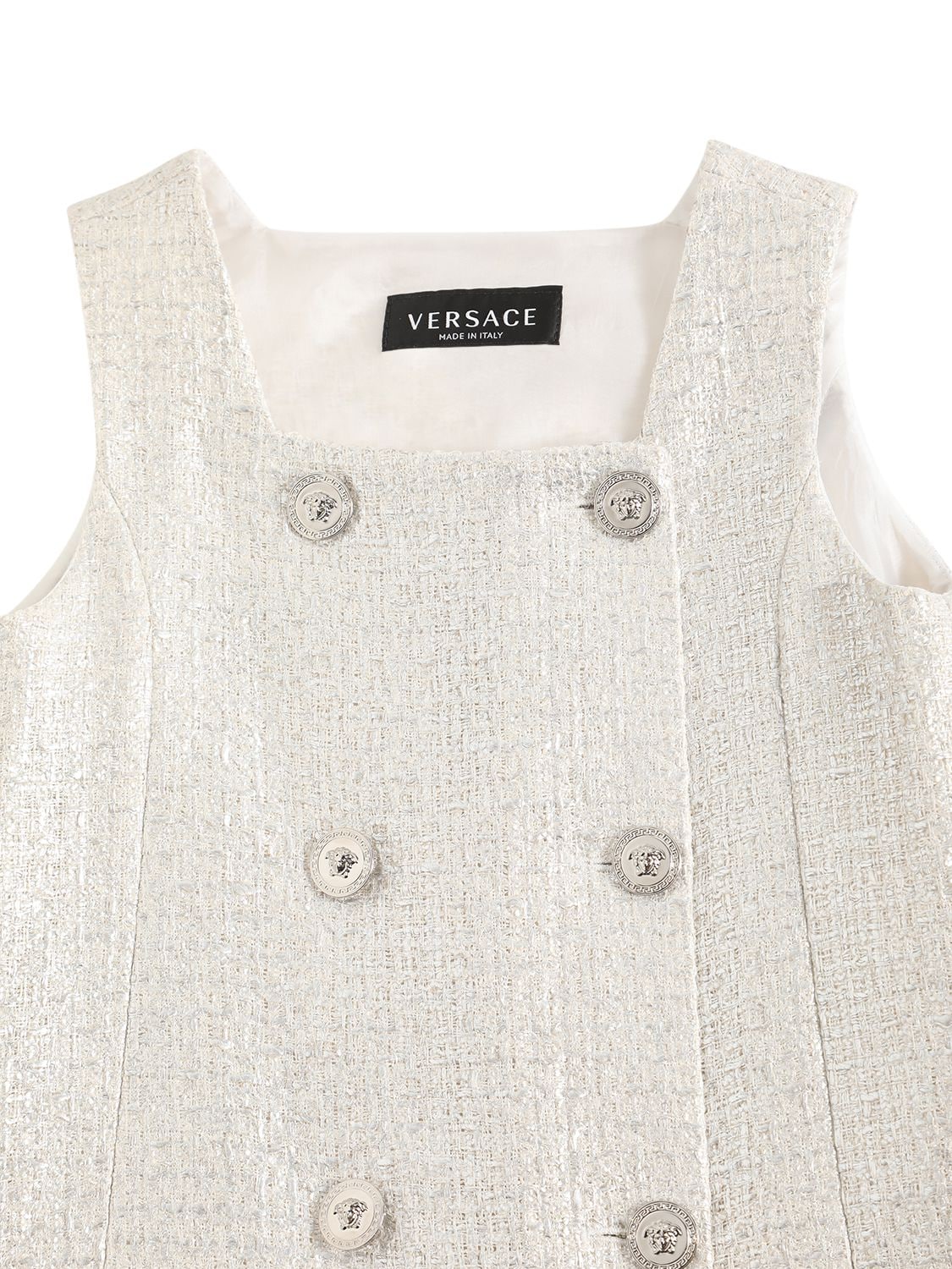 Shop Versace Laminated Cotton Blend Tweed Dress In Silver