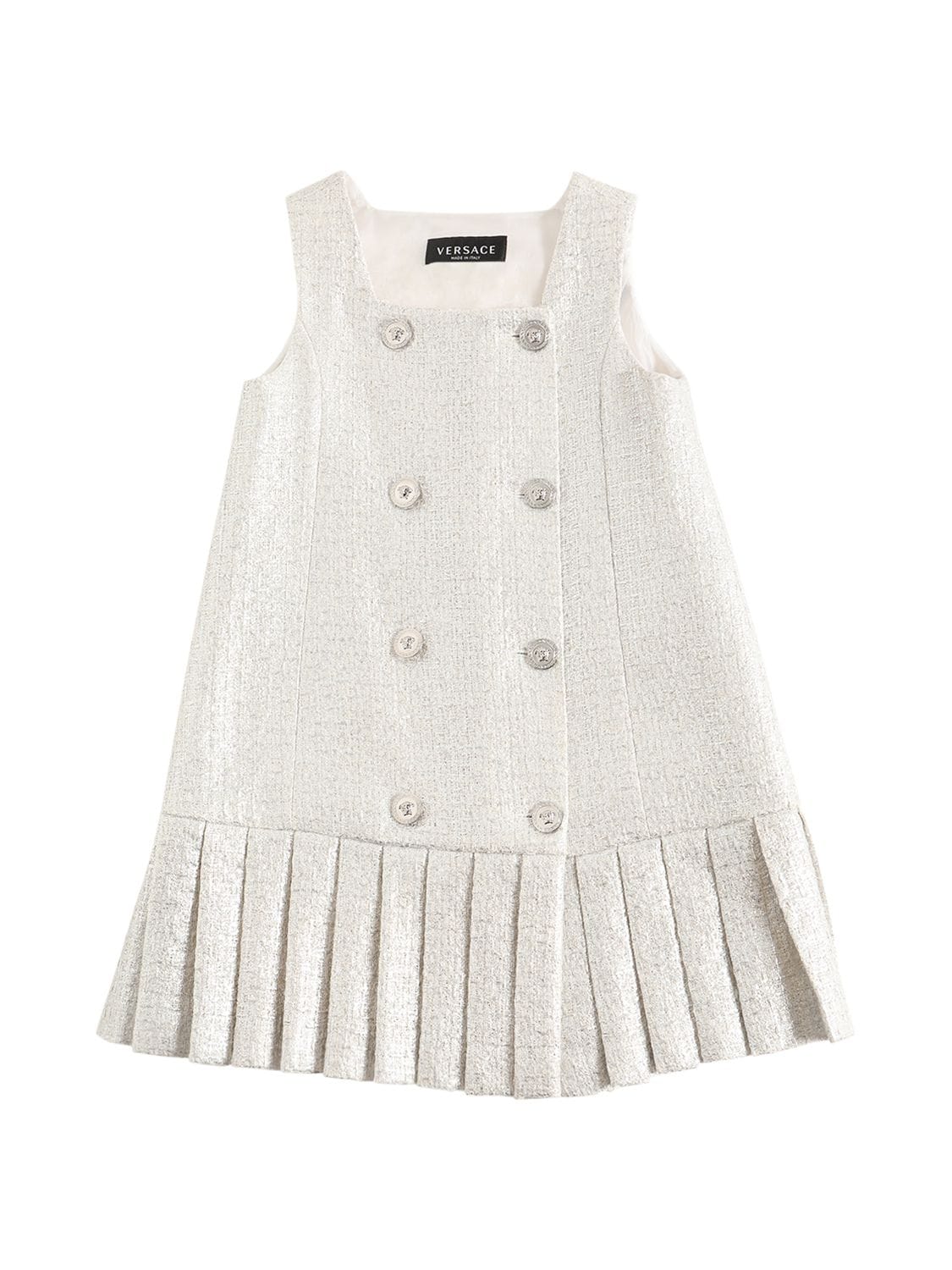 Versace Kids' Laminated Cotton Blend Tweed Dress In Silver