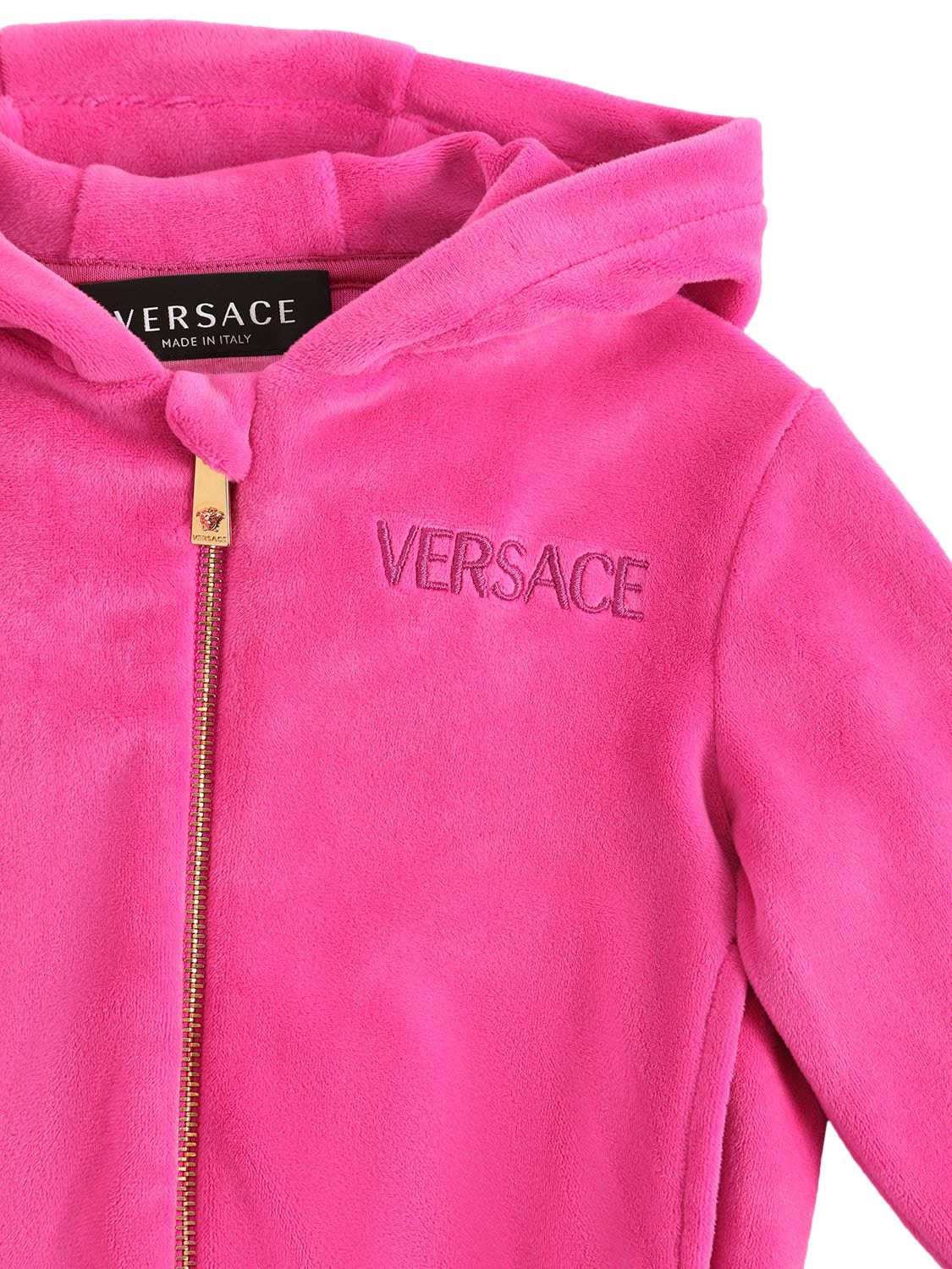 Shop Versace Embroidered Logo Velvet Hoodie In Fuchsia