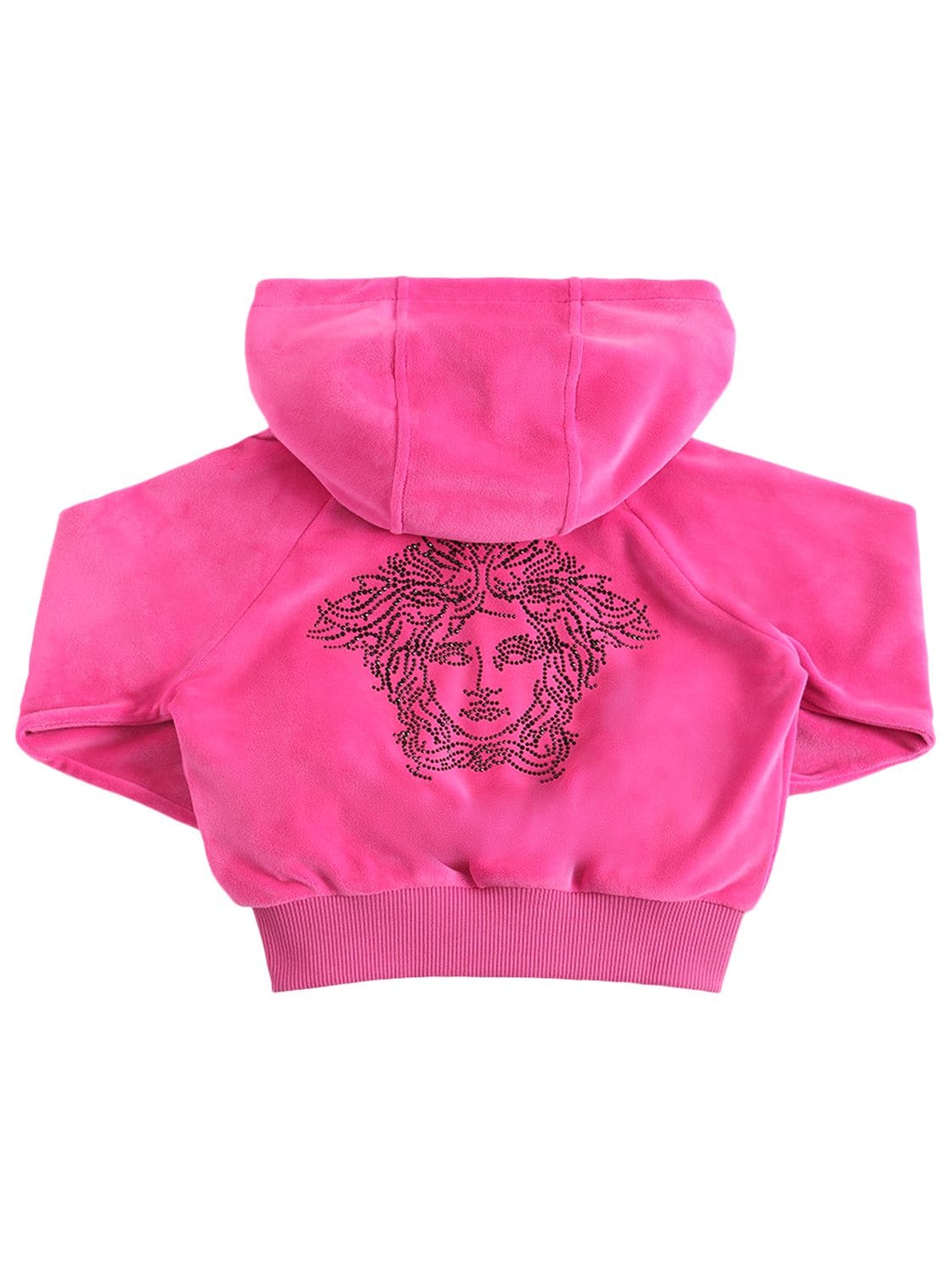 Versace Kids' Embroidered Logo Velvet Crop Hoodie In Fuchsia