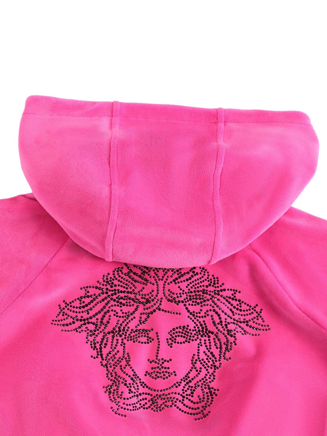 Shop Versace Embroidered Logo Velvet Crop Hoodie In Fuchsia