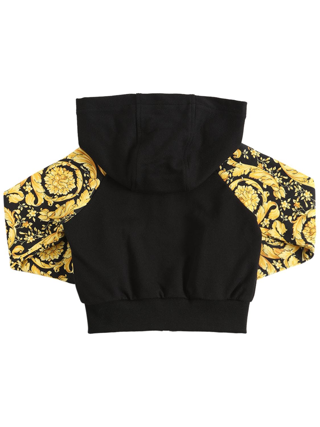 Shop Versace Barocco Print Cotton Crop Hoodie In Black,gold