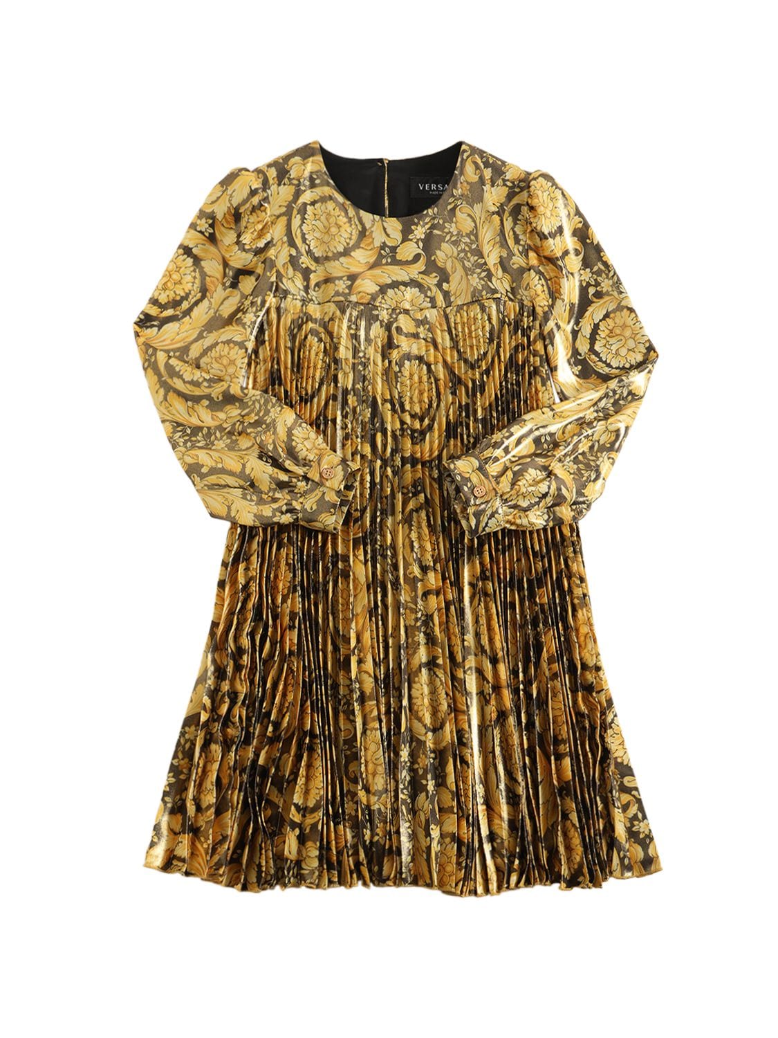 Versace Kids' Baroque Print Pleated Twill Dress In Black,gold