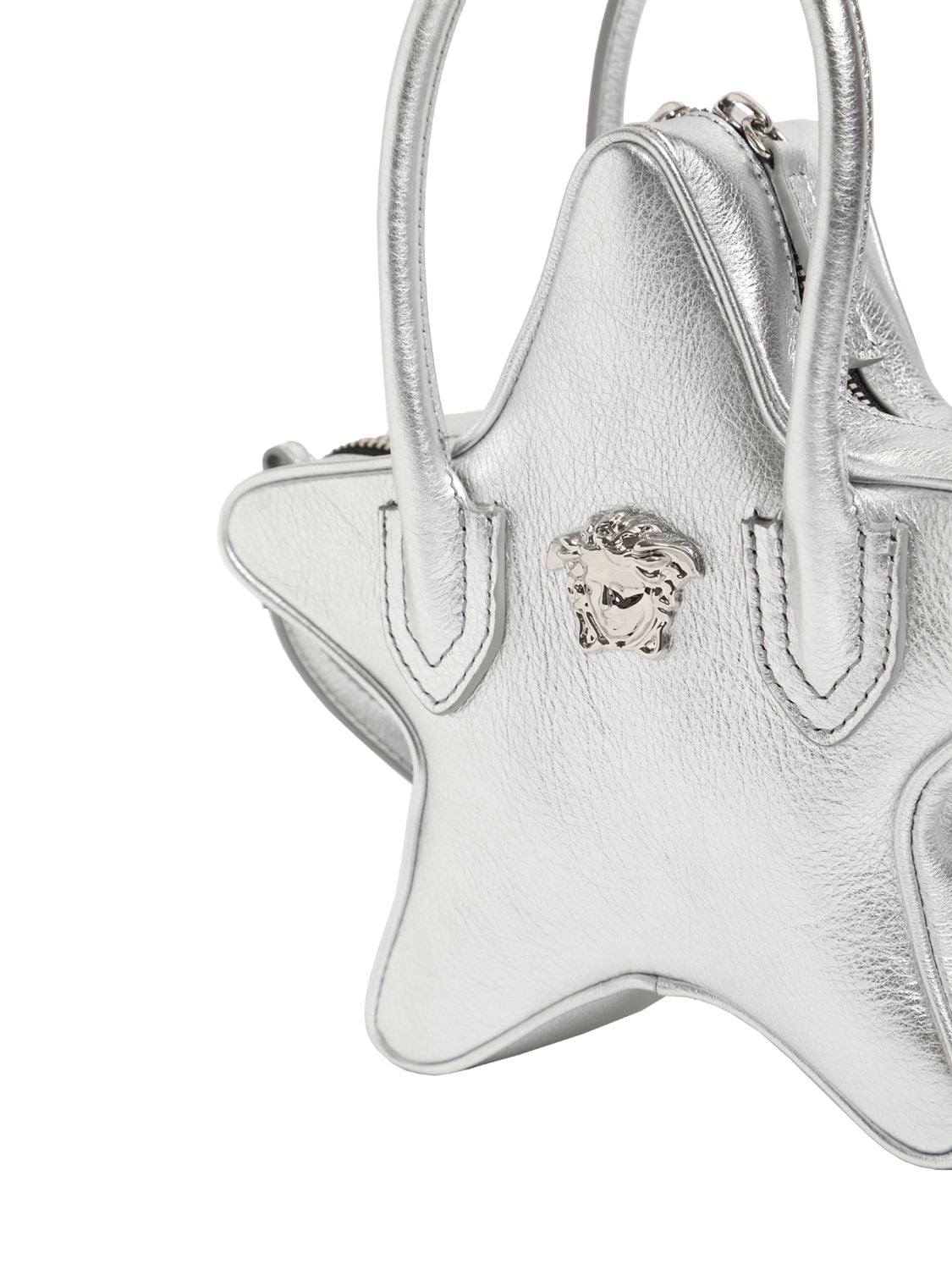 Shop Versace Star Laminated Leather Handbag In Silver