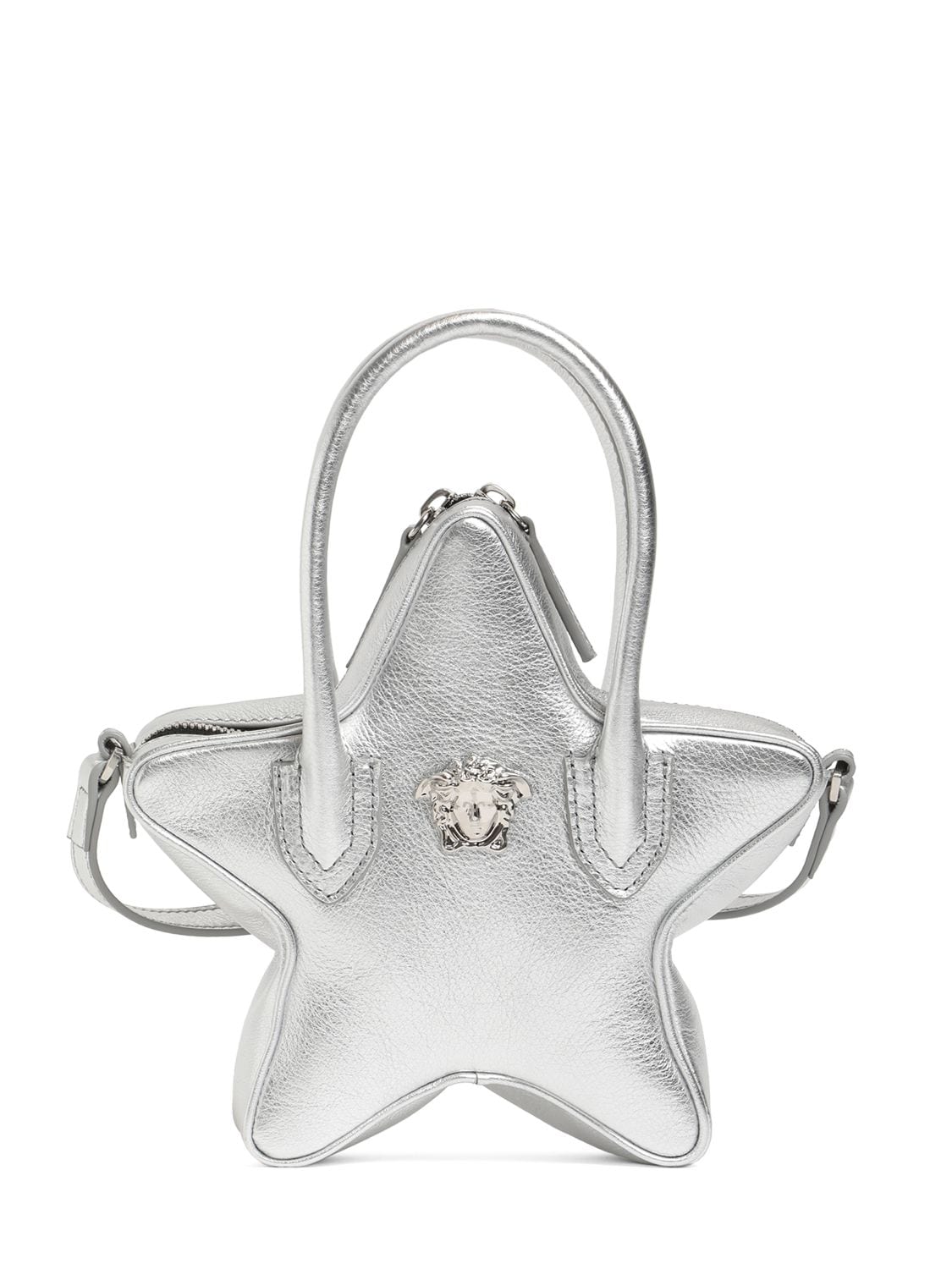 Shop Versace Star Laminated Leather Handbag In Silver