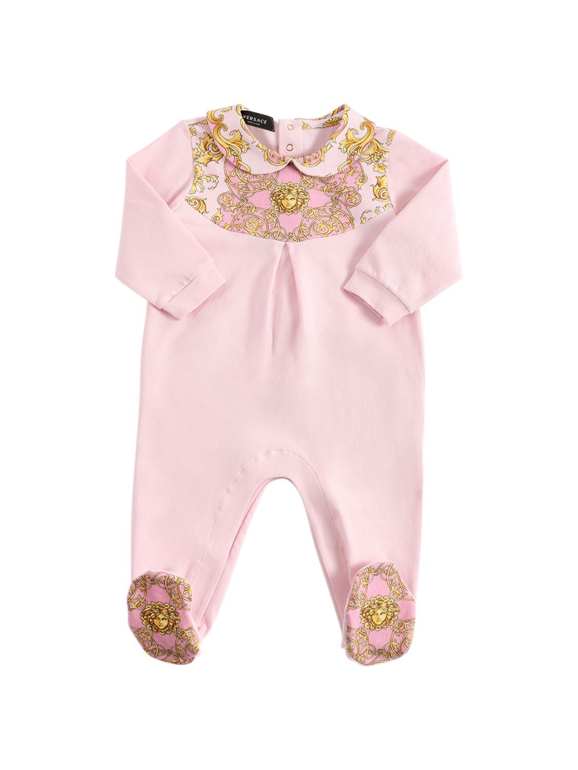Shop Versace Printed Cotton Jersey Romper & Hat In Pink,gold