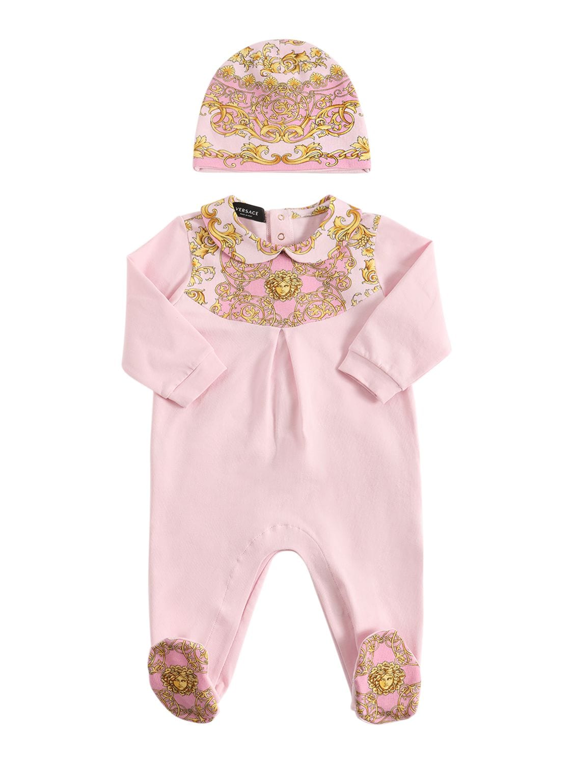 Versace Babies' Printed Cotton Jersey Romper & Hat In Pink,gold