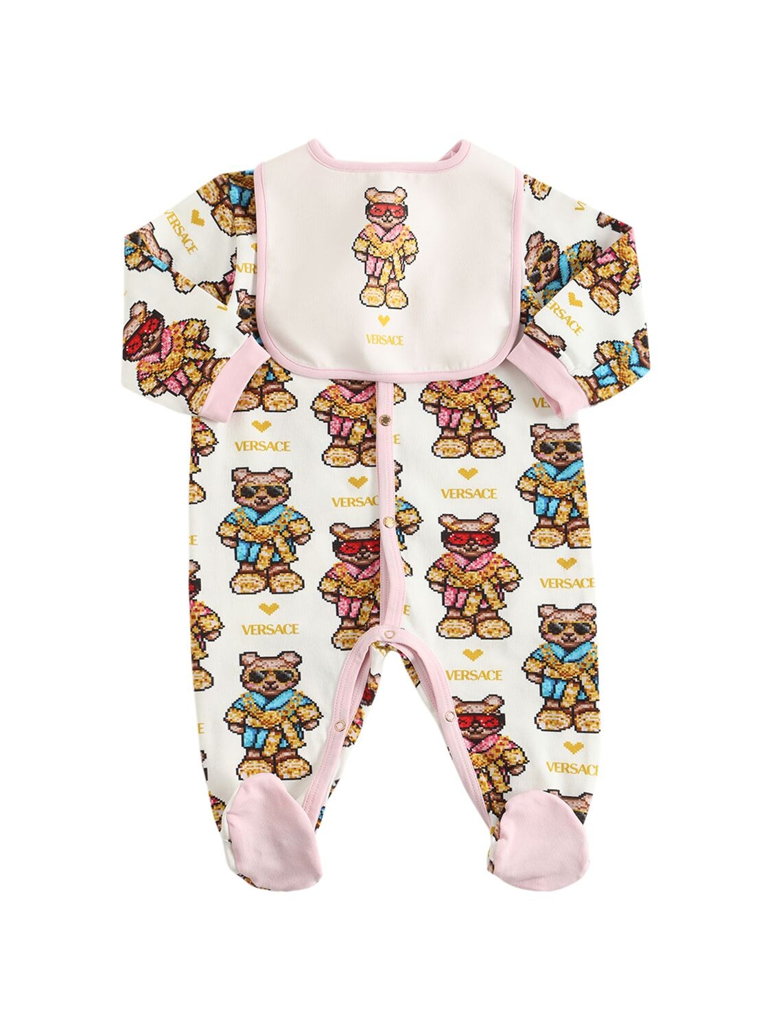 Versace Babies' Pixel Teddy Print Cotton Romper & Bib In Multicolor