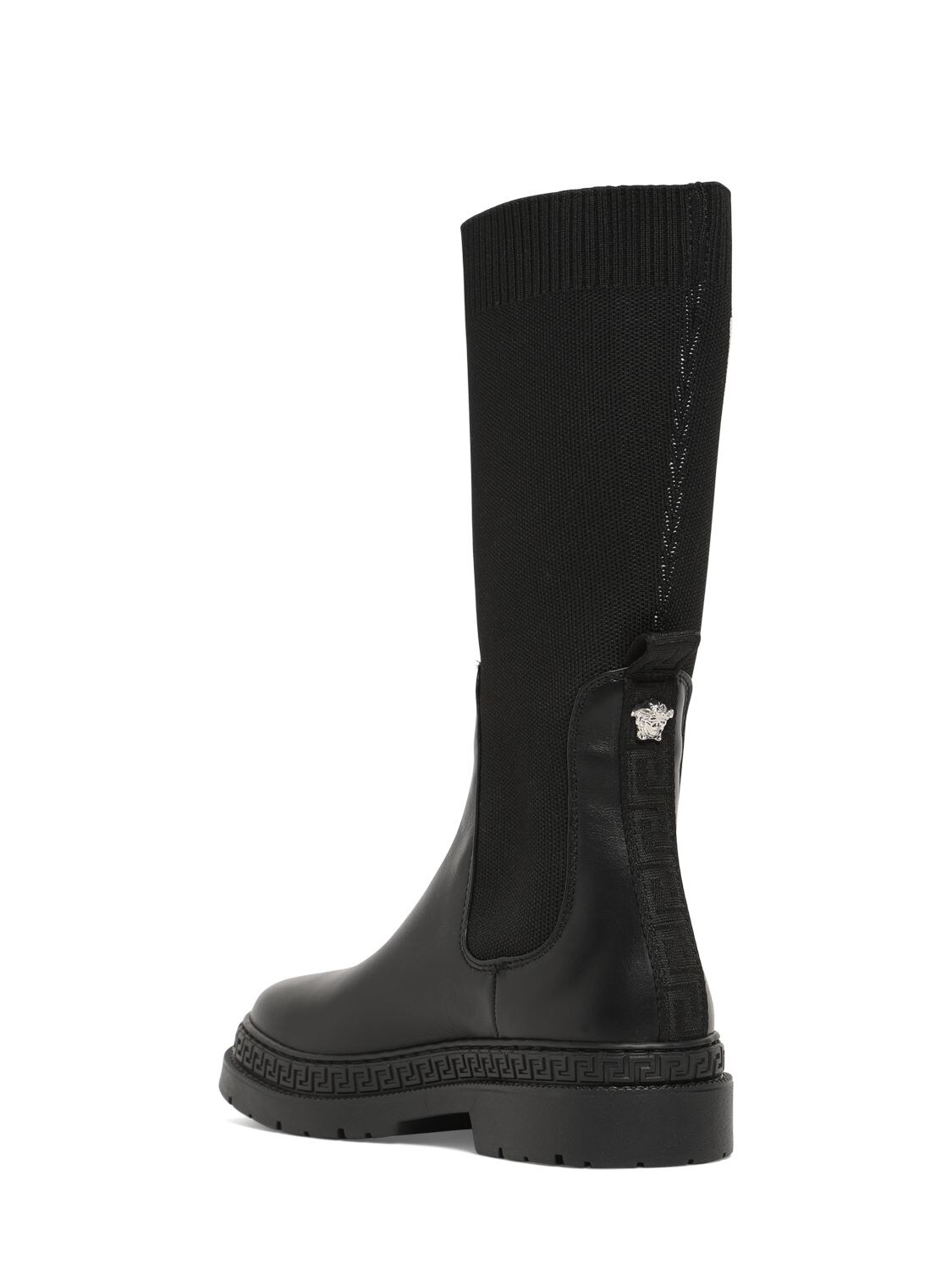 Shop Versace Logo Leather & Knit Boots In Black