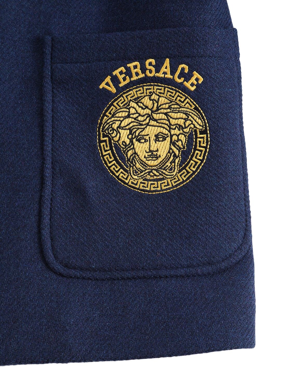 Shop Versace Logo Wool Coat W/ Checked Lining In Navy